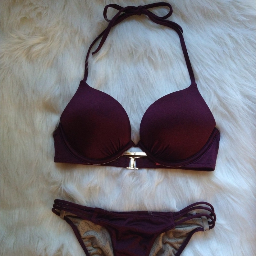 Victoria's Secret Burgundy Bikini Bombshell add 2 cups push up SUPER RARE